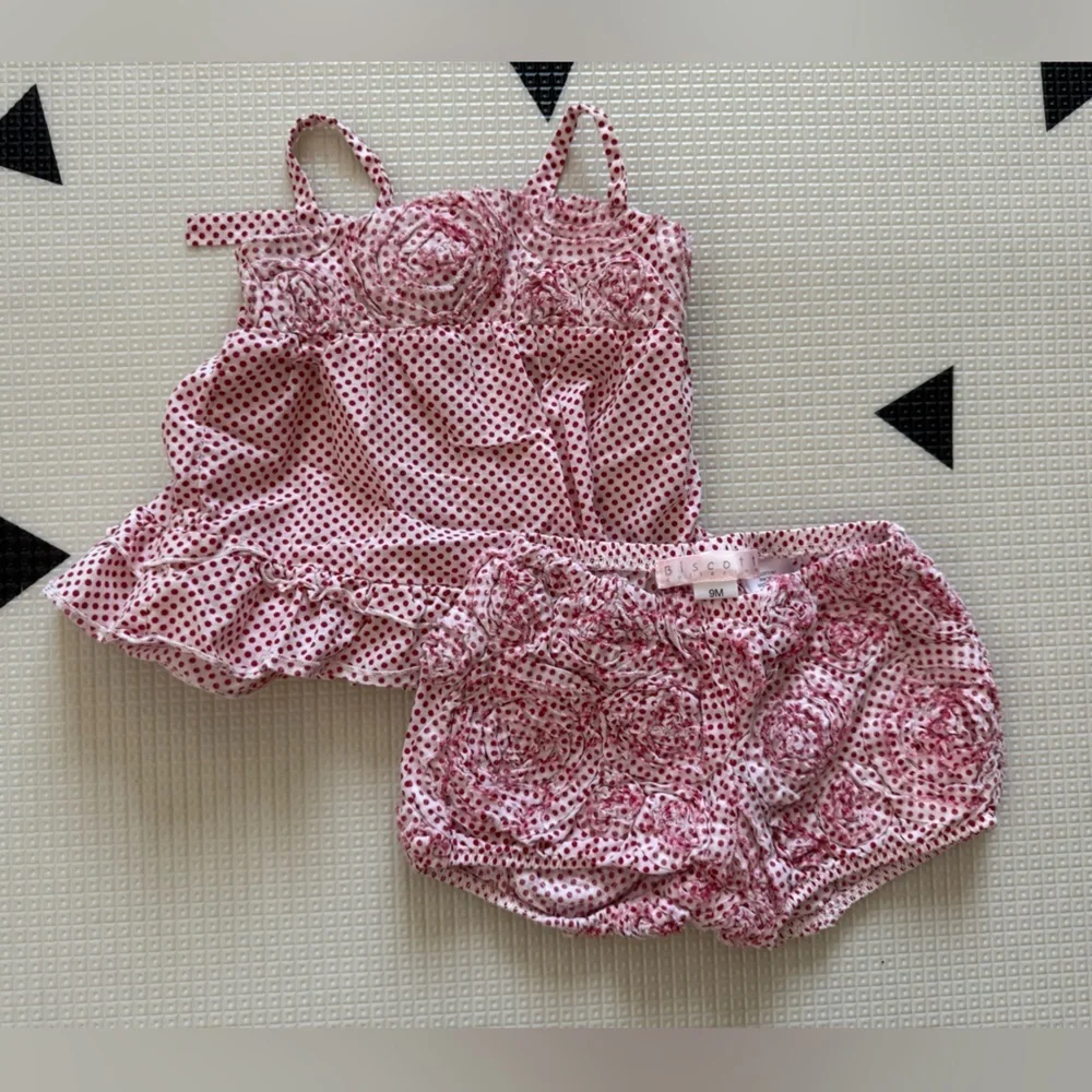 Biscotti|Vintage style Baby girl Red Polka Dot matching set,diaper cover & top•